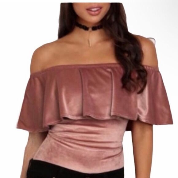 Blush pink velvet bodysuit off the shoulder size S - Picture 2 of 7